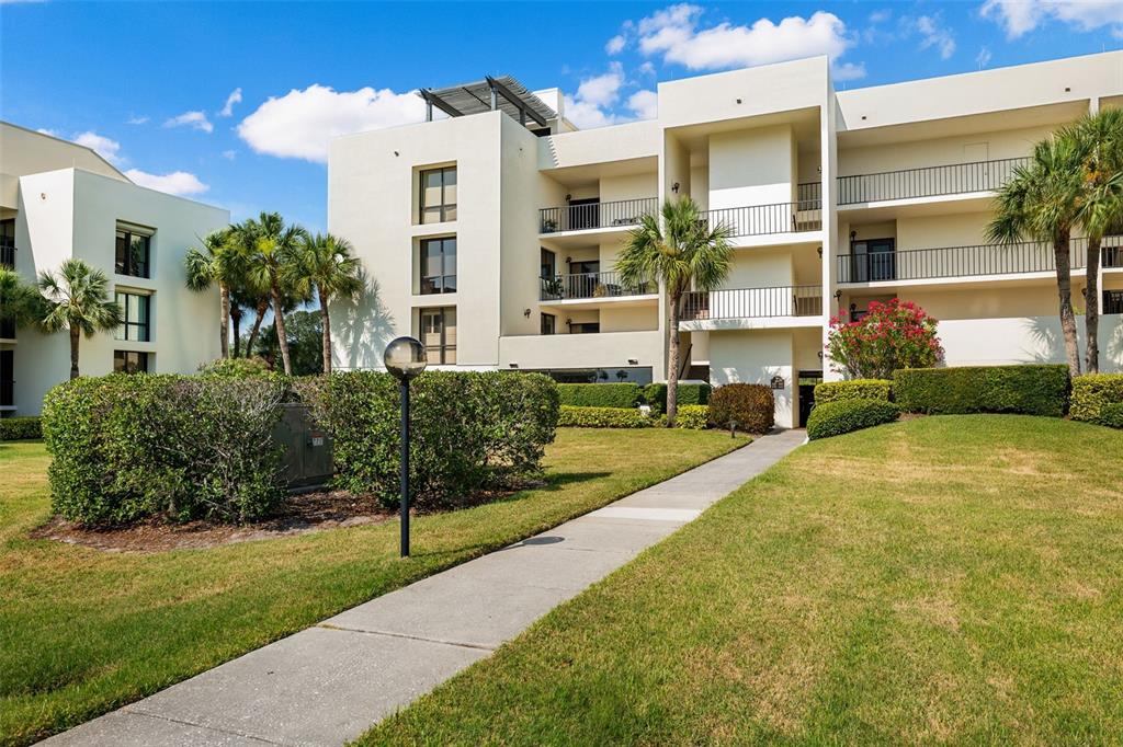 A concrete walkway leads toward a multi-story apartment building with balconies and palm trees — 50 COE ROAD UNIT 331, BELLEAIR, FL