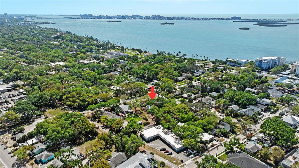 An aerial view shows a residential neighborhood with a red arrow pointing toward a property — 300 PRESIDENT STREET, DUNEDIN, FL