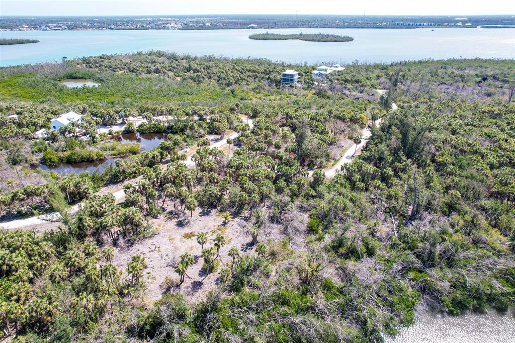 An aerial view shows a wooded coastal landscape with scattered houses and small ponds — 6170 RUM COVE DRIVE, PLACIDA, FL