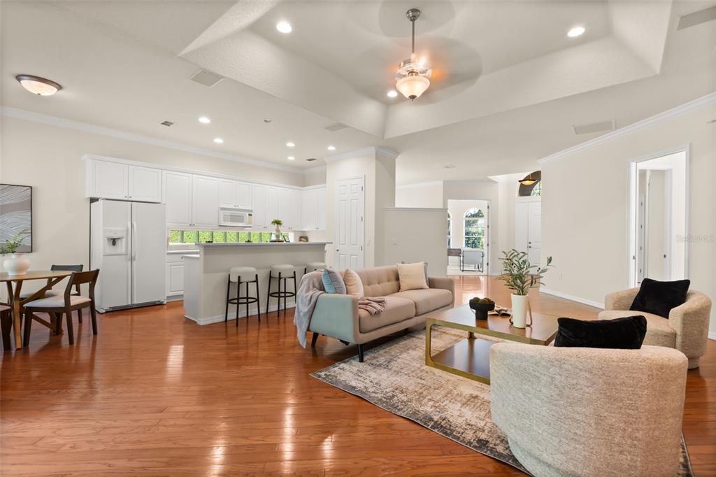 An open-concept living room and kitchen featuring white cabinetry, hardwood floors, and a tray ceiling — 388 SOTHEBY WAY, DEBARY, FL