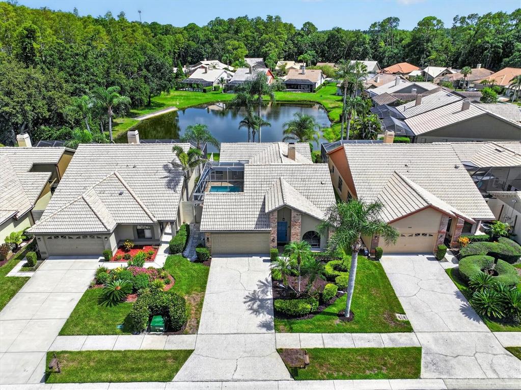 An aerial view shows three suburban houses with tiled roofs and driveways near a pond — 5466 GREYSTON STREET, PALM HARBOR, FL