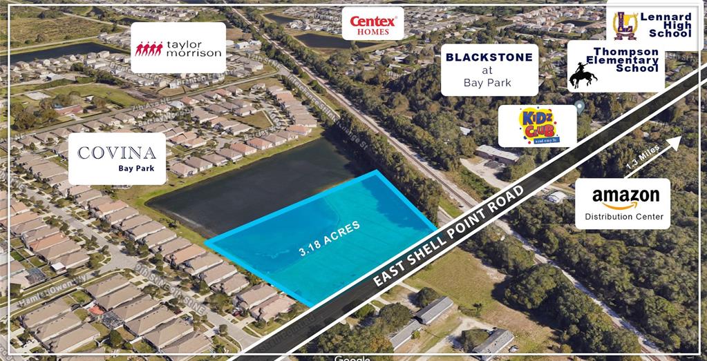 This aerial map highlights a 3.18-acre plot of land near residential developments and local landmarks — 962 E SHELL POINTE ROAD, RUSKIN, FL