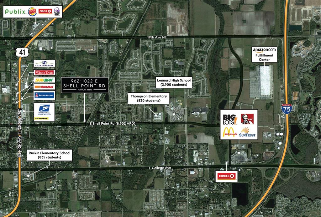 This is an aerial map showing commercial businesses and schools near a specific property location — 962 E SHELL POINTE ROAD, RUSKIN, FL