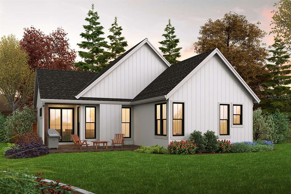 This is a digital rendering of the rear exterior of a white modern farmhouse — 7374 WILLOUGHBY DRIVE, WEBSTER, FL