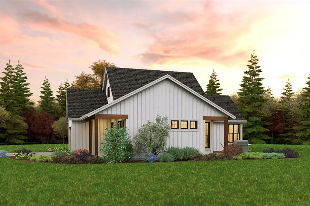 A digital rendering of a white farmhouse-style home with vertical siding and a dark roof — 7374 WILLOUGHBY DRIVE, WEBSTER, FL