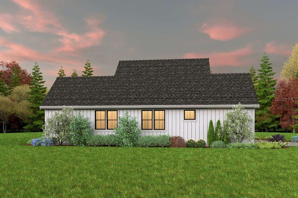 This is a digital rendering of the rear exterior of a white farmhouse-style house — 7374 WILLOUGHBY DRIVE, WEBSTER, FL
