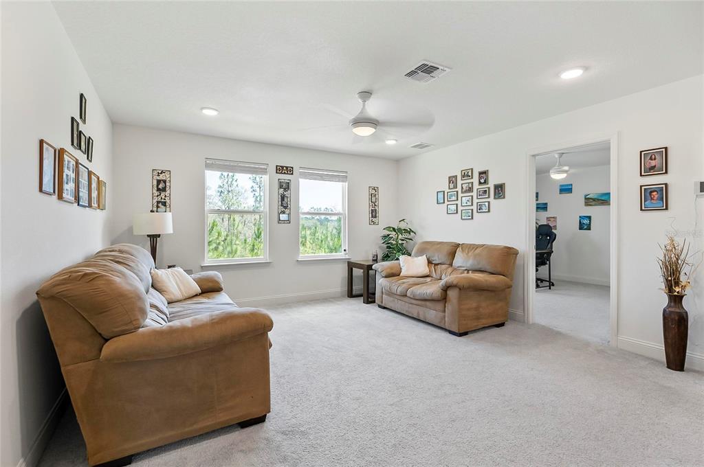 A living room features two brown sofas, light carpeting, white walls, and several framed photos — 40 OAKLEAF WAY, PALM COAST, FL