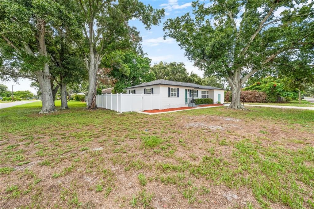 A white single-story house with a fenced yard and large trees on a grassy lot — 125 61ST STREET N, ST PETERSBURG, FL