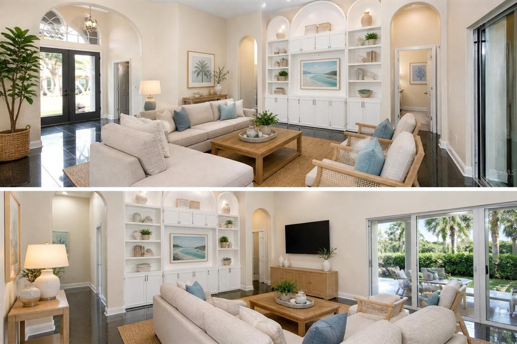 Two views of a bright living room featuring white built-in shelving, tile floors, and furniture — 16 OAKLAND POINTE CIRCLE, OAKLAND, FL
