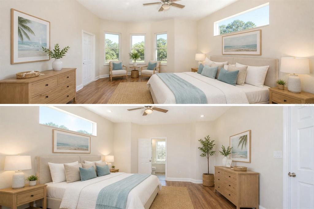 Two views of a bright bedroom featuring light wood furniture, a king bed, and windows — 16 OAKLAND POINTE CIRCLE, OAKLAND, FL