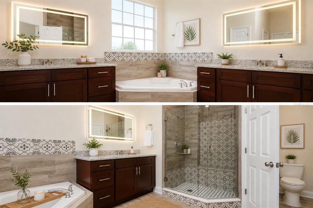 A primary bathroom features dual vanities, a soaking tub, a glass shower, and patterned tile accents — 16 OAKLAND POINTE CIRCLE, OAKLAND, FL
