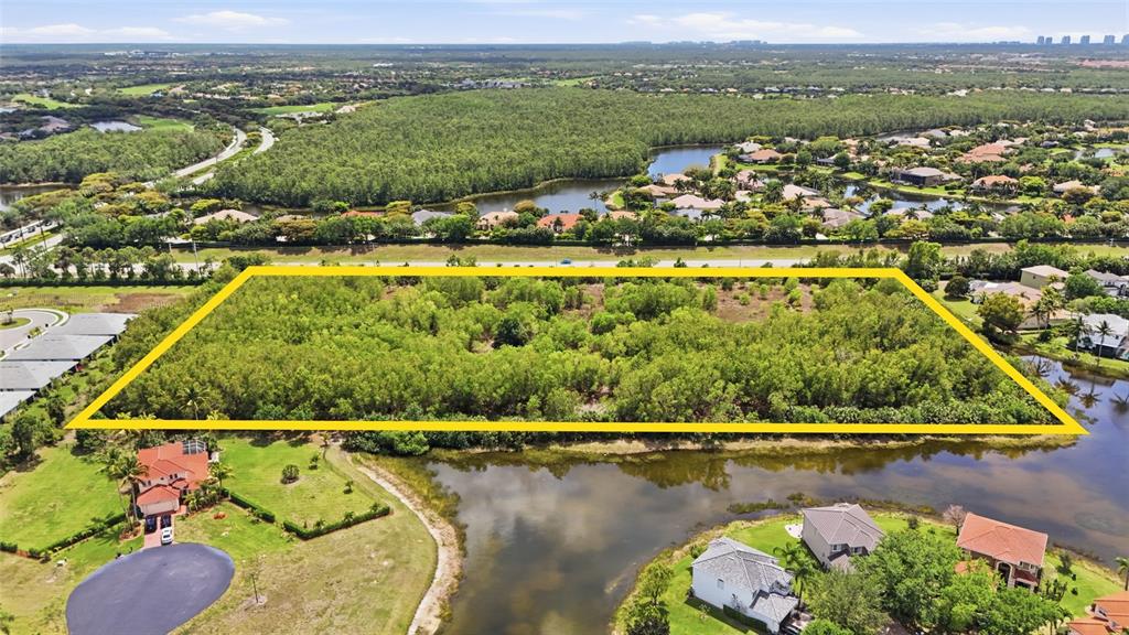 An aerial view shows a rectangular, tree-covered vacant lot outlined in yellow near a lake — WILLIAMS ROAD, ESTERO, FL