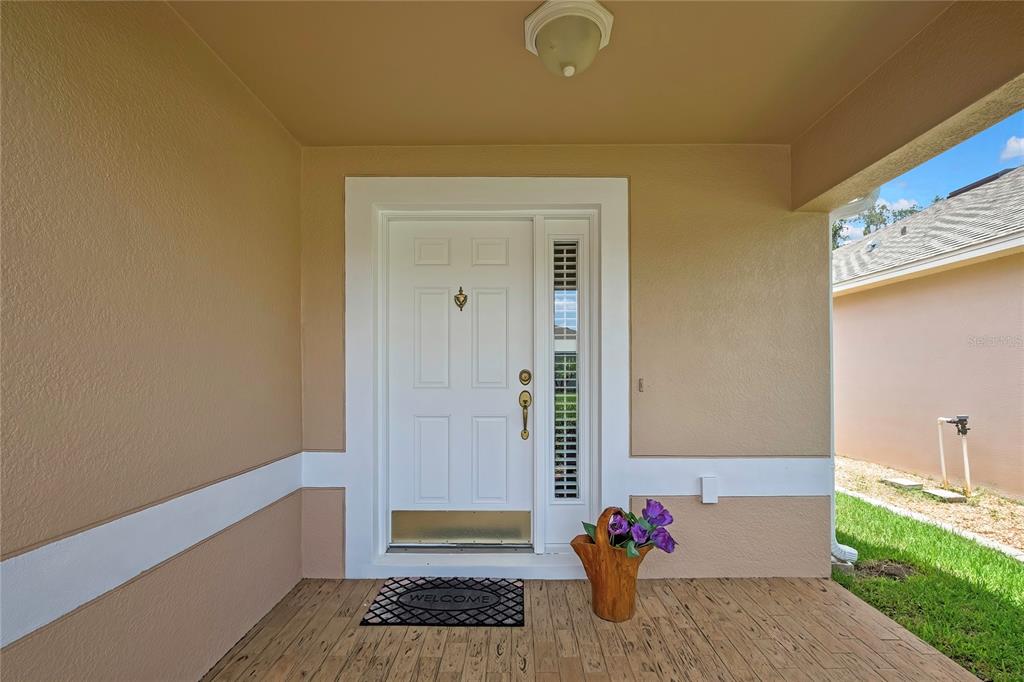 A white front door with a side window sits under a covered porch entryway — 209 WINTHROP DRIVE, SPRING HILL, FL