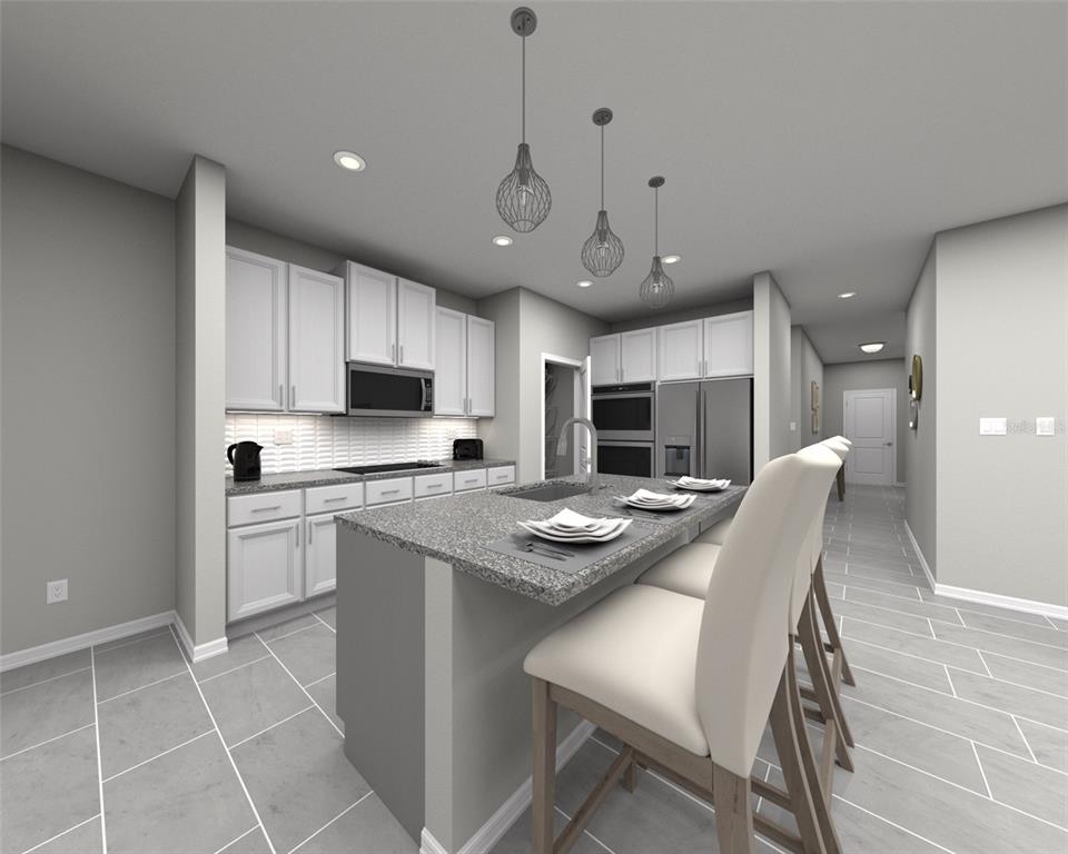 This is a digital rendering of a modern kitchen with white cabinets and a gray island — 128 SUN CHASER DRIVE, NOKOMIS, FL