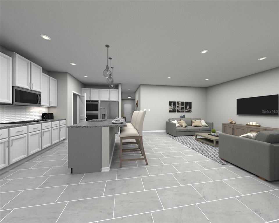 This is a digital rendering of an open-concept kitchen and living area with gray tile — 128 SUN CHASER DRIVE, NOKOMIS, FL
