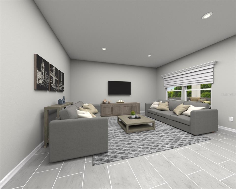 This is a digital rendering of a living room with gray furniture and tile flooring — 128 SUN CHASER DRIVE, NOKOMIS, FL