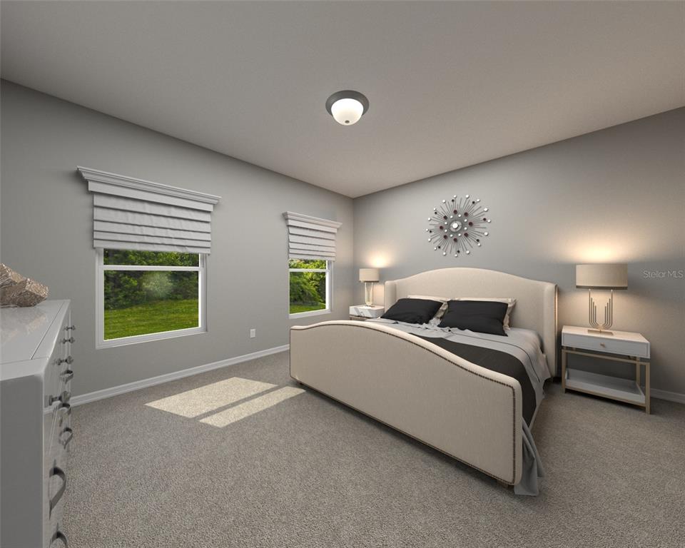 This is a digital rendering of a bedroom featuring a bed, nightstands, and two windows — 128 SUN CHASER DRIVE, NOKOMIS, FL