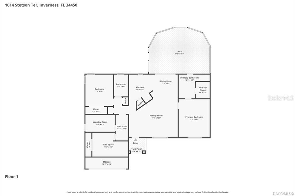 This is a floor plan for a single-story house with a lanai and front porch — 1014 STETSON TERRACE, INVERNESS, FL