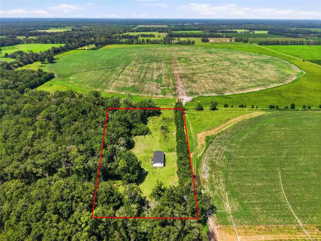 An aerial view shows a small house situated on a rectangular lot surrounded by farmland — 4754 SW 10TH STREET, BELL, FL