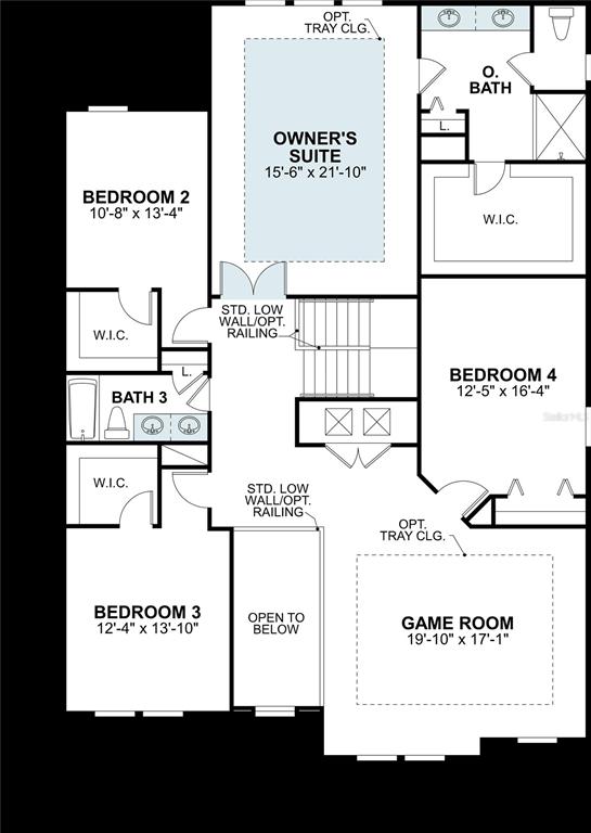 This is a floor plan of a residential second story featuring four bedrooms and a game room — 4997 BASSWOOD STREET, LAKELAND, FL