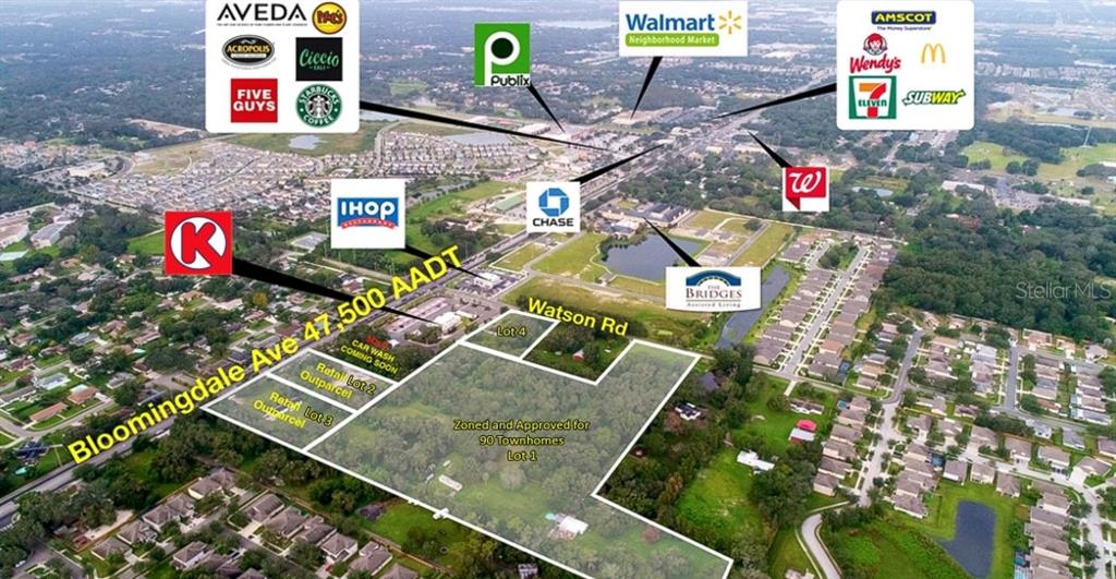 This aerial map shows a land development site with labeled retail lots and surrounding businesses — WATSON ROAD, RIVERVIEW, FL