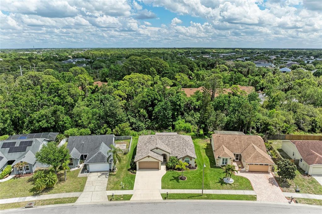 An aerial view shows three suburban houses with driveways and lawns bordering a dense forest — 1007 50TH STREET E, BRADENTON, FL
