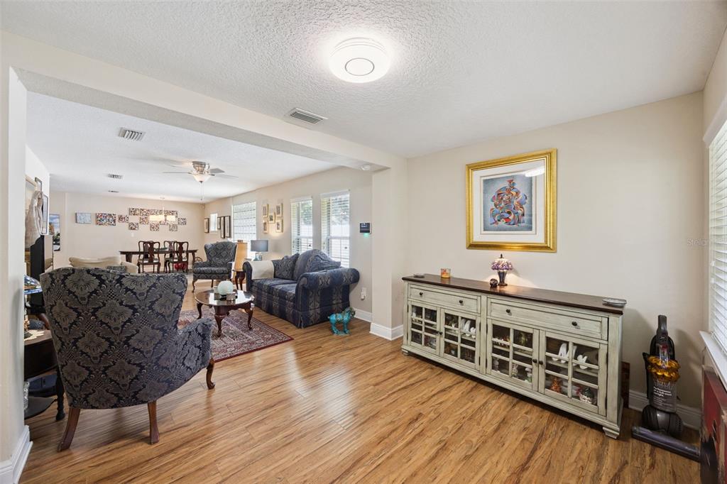 A living room with wood-look flooring, a white media console, and a blue patterned sofa — 2109 E GRANT AVENUE, ORLANDO, FL
