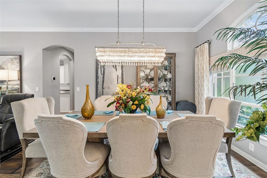 A dining room features a wooden table with blue placemats, upholstered chairs, and a crystal chandelier — 2005 WEXFORD GREEN DRIVE, VALRICO, FL
