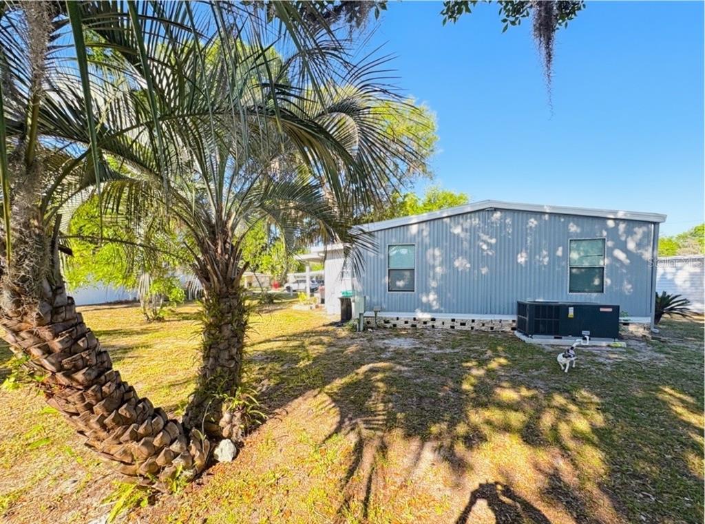 A side view of a light blue mobile home with a palm tree in the yard — 108 N TIMBER TRAIL, WILDWOOD, FL