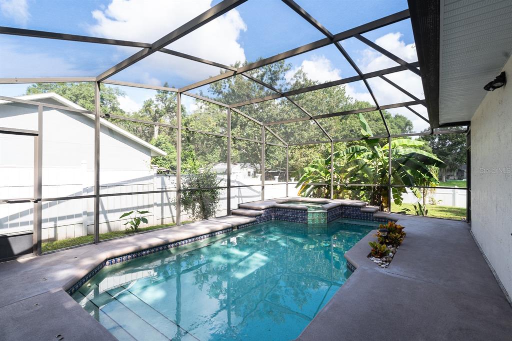A screened-in patio features a swimming pool with an integrated spa and tropical landscaping — 116 QUAIL RIDGE COURT, SANFORD, FL
