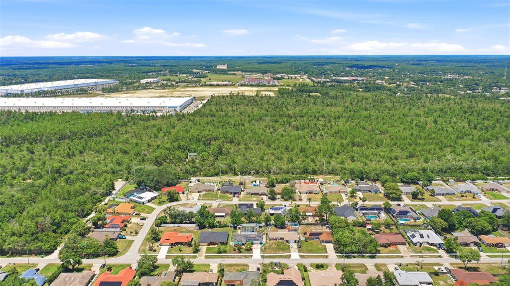 An aerial view shows a residential neighborhood bordering a large expanse of undeveloped forest land — SOUTH AVENUE, DELTONA, FL