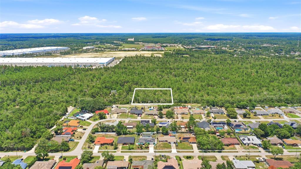 An aerial view shows a rectangular plot of land outlined in white behind residential houses — SOUTH AVENUE, DELTONA, FL
