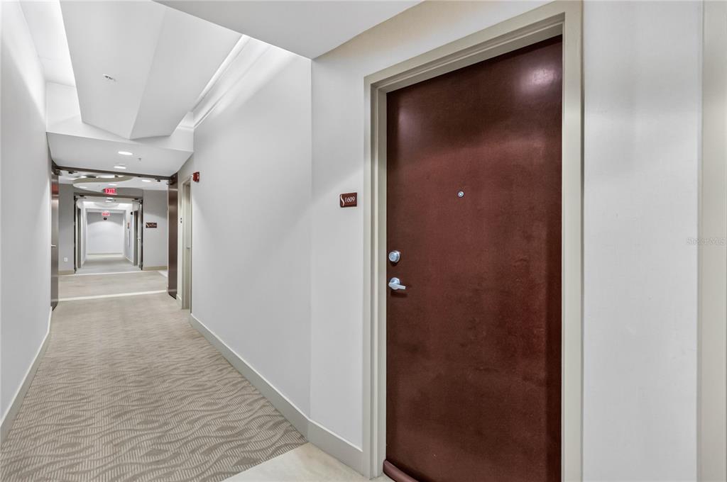 A hallway with carpeted flooring leads to a dark brown door labeled 1609 — 155 S COURT AVENUE UNIT 1609, ORLANDO, FL