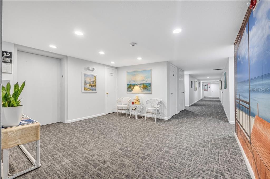 A carpeted apartment building hallway features white walls, an elevator, and a seating area — 25188 MARION AVENUE UNIT E101, PUNTA GORDA, FL