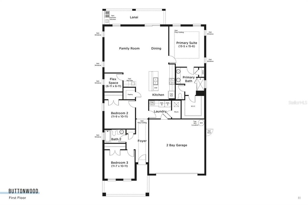 This is a floor plan for a single-story house with three bedrooms and a garage — 30310 EMERALD FOREST DRIVE, MOUNT DORA, FL