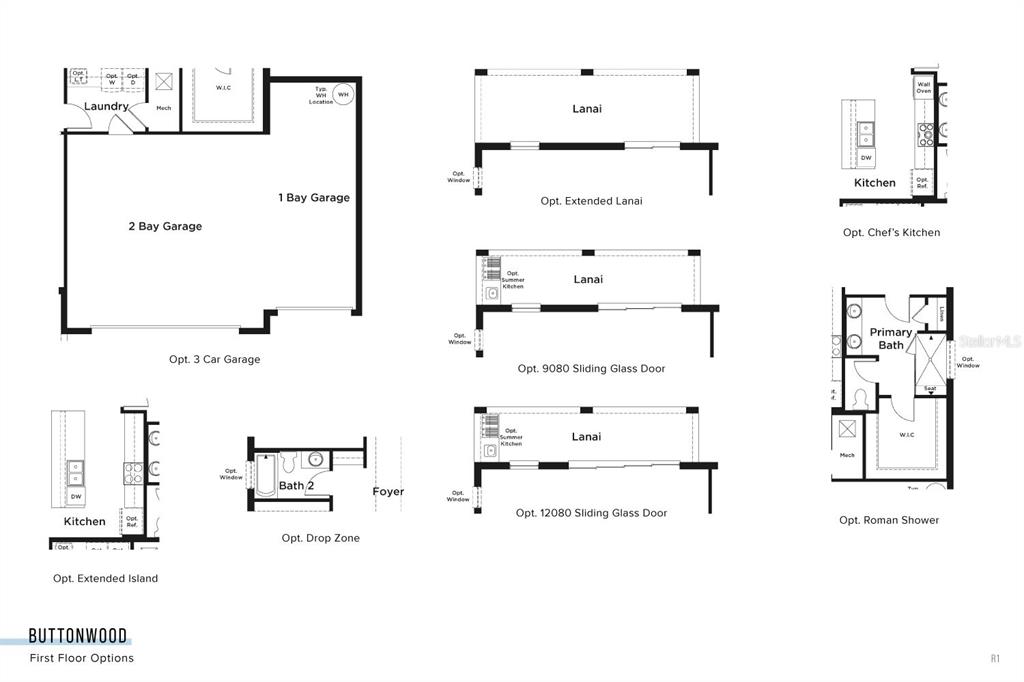 This floor plan displays various optional configurations for a home's garage, kitchen, lanai, and bath — 30310 EMERALD FOREST DRIVE, MOUNT DORA, FL
