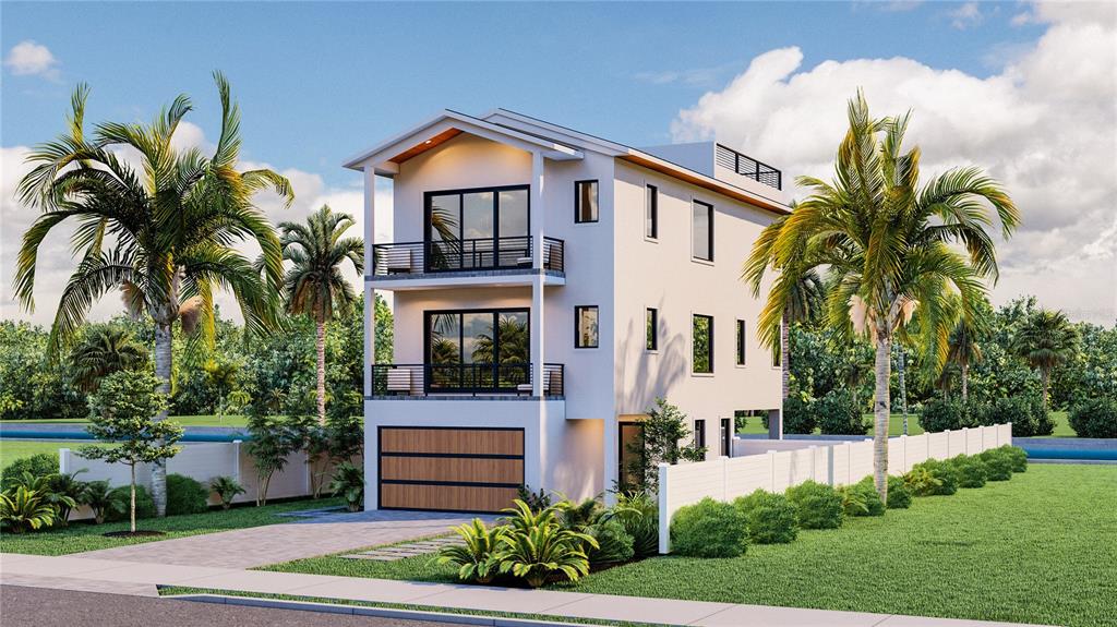 A digital rendering shows a three-story modern house with a garage and two balconies — 180 MOCKINGBIRD LANE, ENGLEWOOD, FL