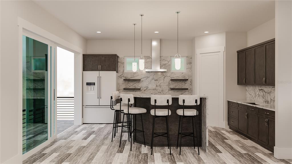 This rendering shows a modern kitchen with dark cabinets, a marble backsplash, and a breakfast bar — 180 MOCKINGBIRD LANE, ENGLEWOOD, FL