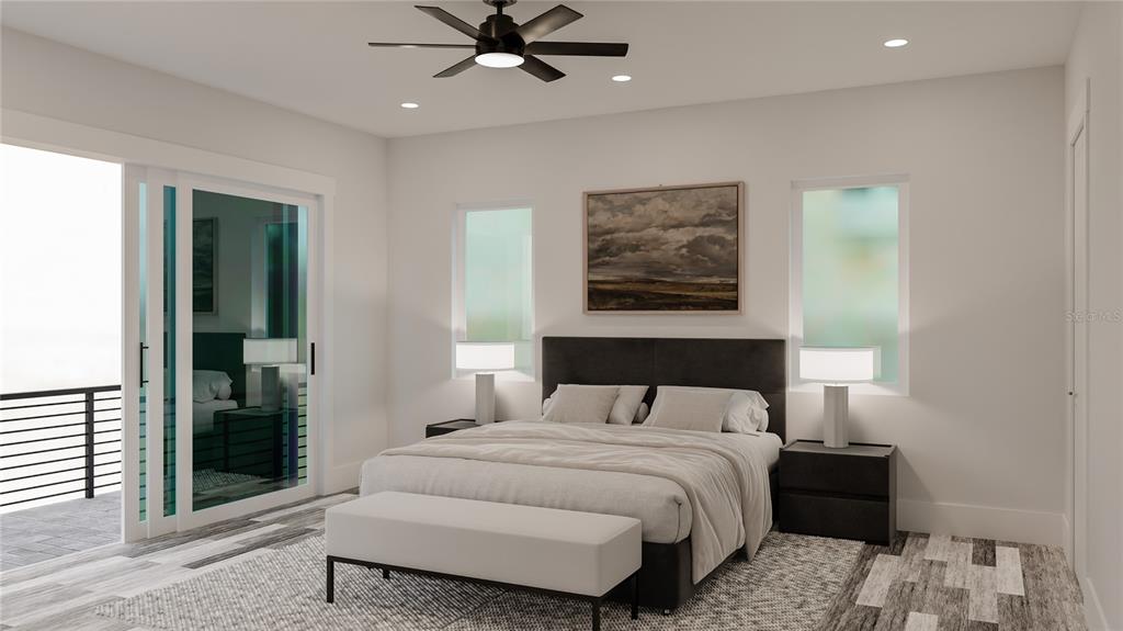 This rendering shows a modern bedroom with a queen bed, sliding glass doors, and ceiling fan — 180 MOCKINGBIRD LANE, ENGLEWOOD, FL