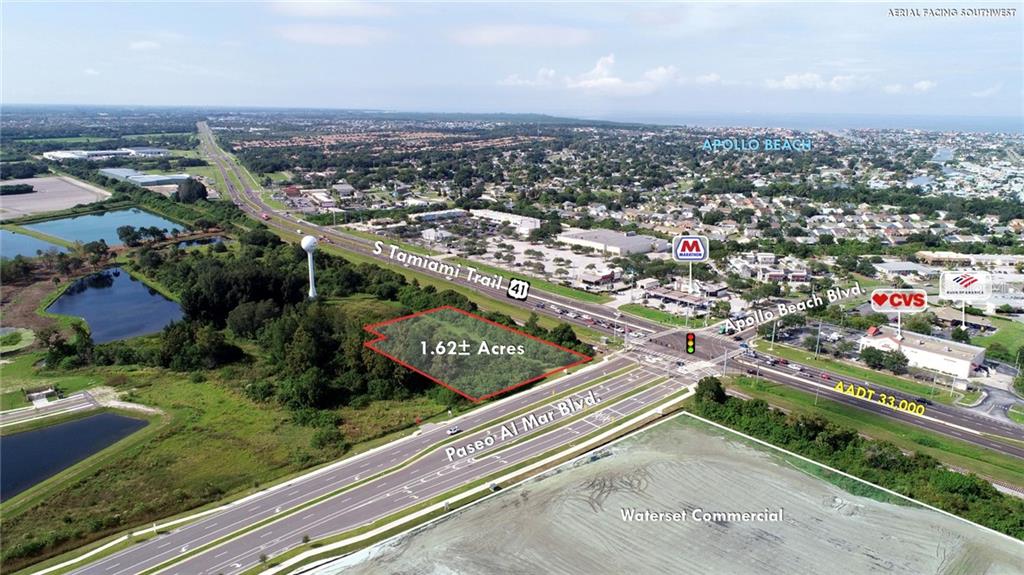 An aerial view shows a 1.62-acre vacant lot at the intersection of two major roads — S 41ST HIGHWAY, APOLLO BEACH, FL