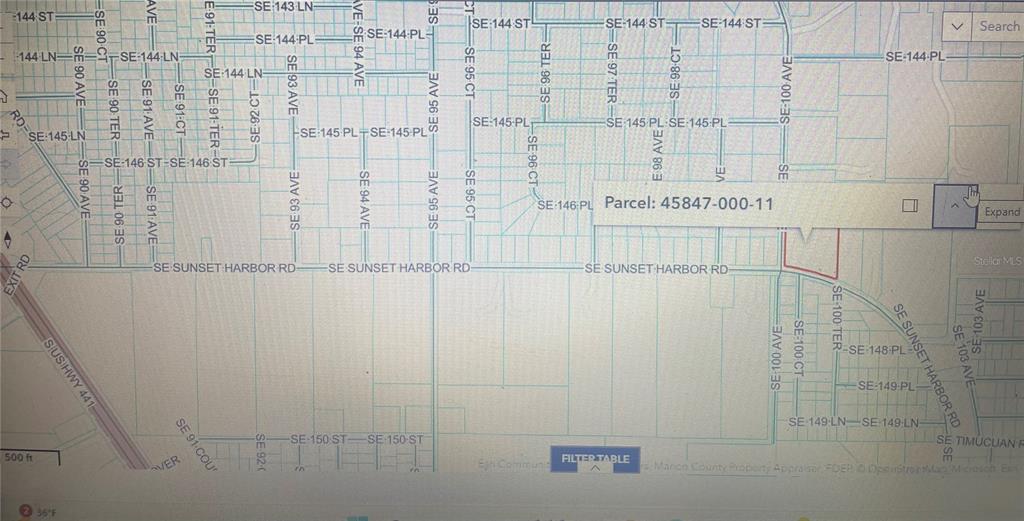 This is a digital map showing a grid of streets and property parcels — 000 SE SUNSET HARBOR ROAD, SUMMERFIELD, FL