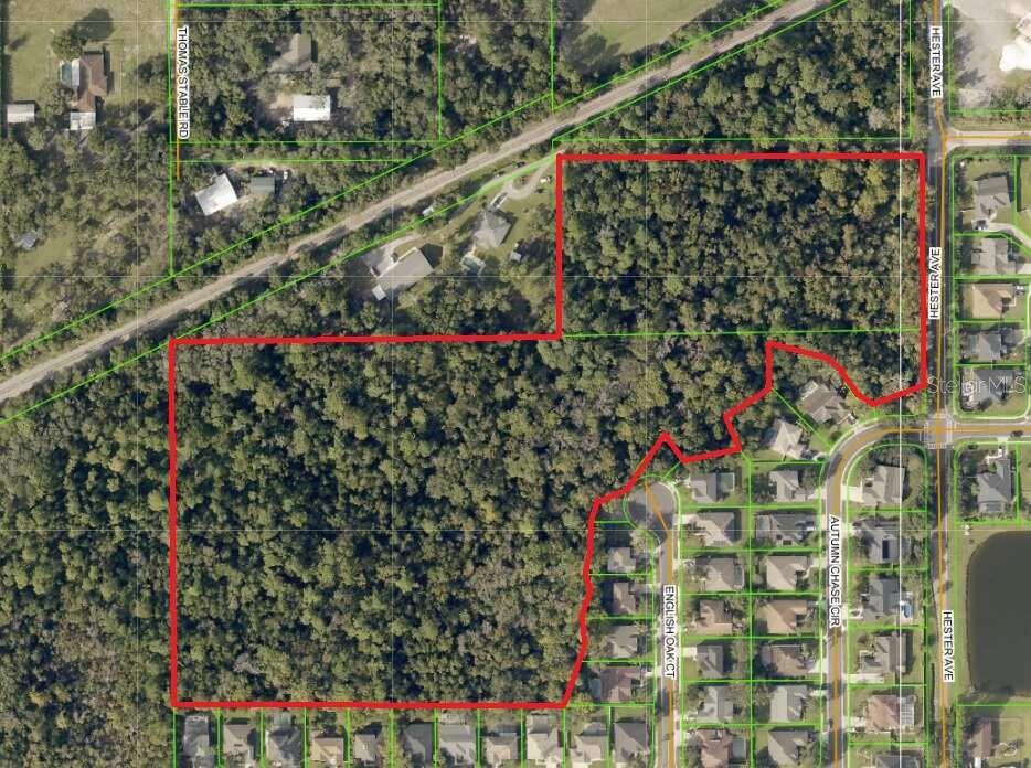 An aerial map shows a large, wooded parcel of land outlined in red — HESTER, SANFORD, FL