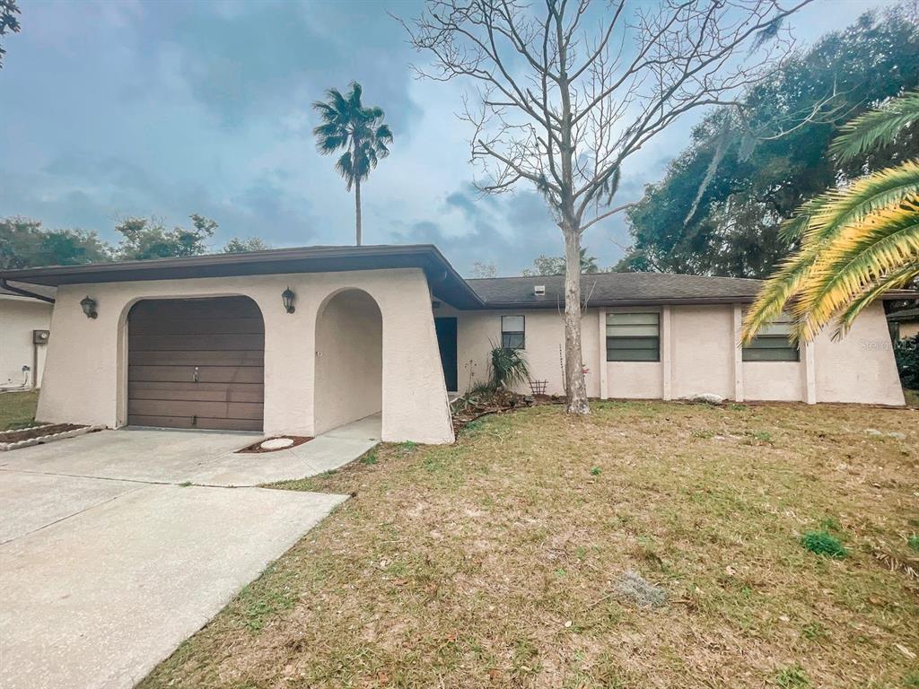 A single-story house with a beige stucco exterior, a one-car garage, and a front yard — 12834 LAKE TREE LANE, HUDSON, FL