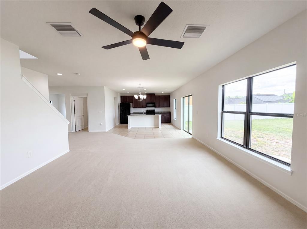 An open-concept living area features beige carpeting, a ceiling fan, and a kitchen with dark cabinets — 14207 ALISTAR MANOR DRIVE, WIMAUMA, FL