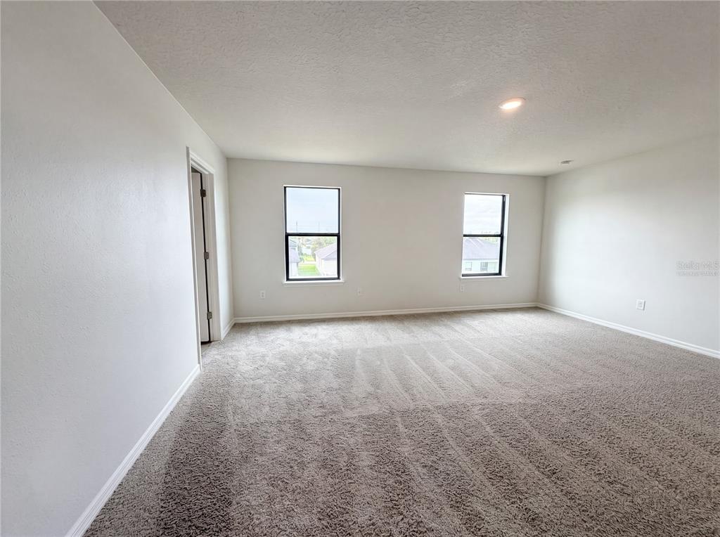 An empty bedroom features neutral walls, beige carpeting, and two windows overlooking a neighborhood — 14207 ALISTAR MANOR DRIVE, WIMAUMA, FL