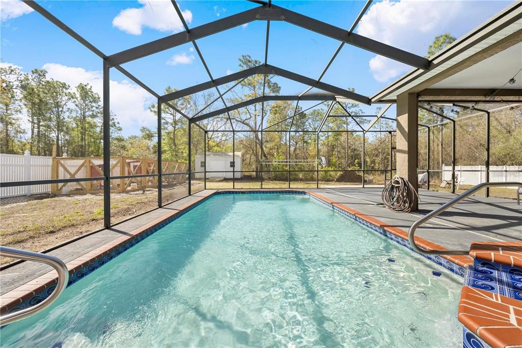 A rectangular swimming pool enclosed by a screened lanai with a view of the backyard — 13040 QUIGLEY AVENUE, WEEKI WACHEE, FL