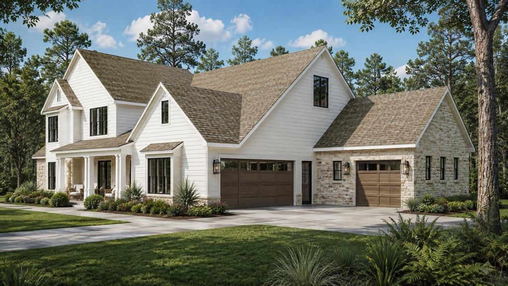 This is a rendering of a two-story house with white siding, stone accents, and garages — 0000 ALLVIEW DRIVE, TAMPA, FL