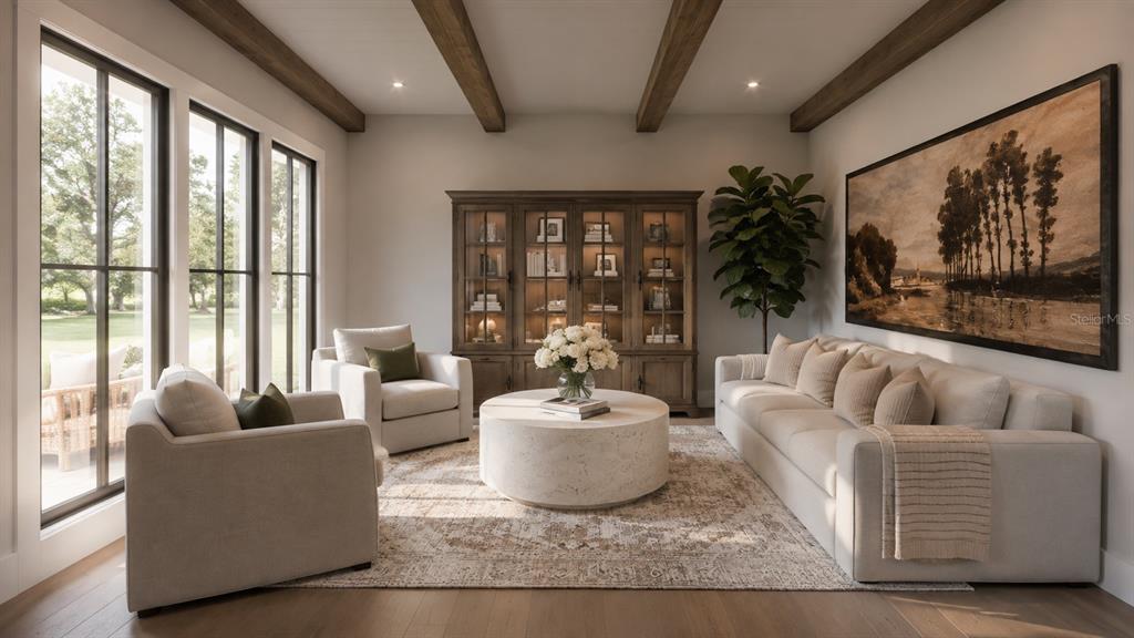 This is a rendering of a living room featuring wood ceiling beams and large windows — 0000 ALLVIEW DRIVE, TAMPA, FL