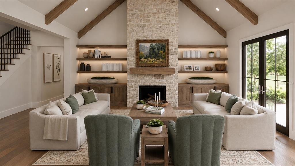 This is a rendering of a living room featuring a stone fireplace and vaulted ceilings — 0000 ALLVIEW DRIVE, TAMPA, FL