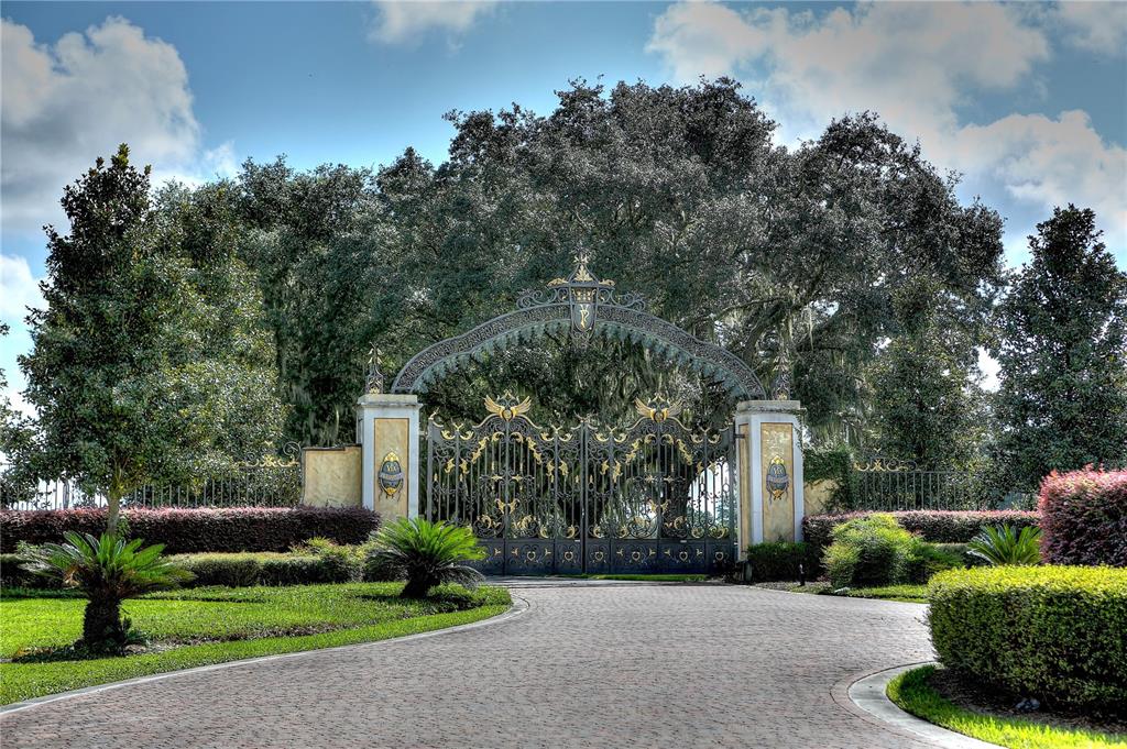 A large, ornate wrought-iron gate stands at the entrance of a paved driveway — 0 SE 116TH PLACE, OCALA, FL